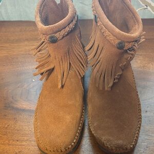 Minnetonka Brown Suede Moccasins with Fringe